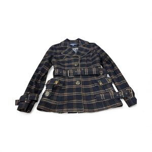 Antropologie Millard Fillmore Navy Plaid Belted Coat L